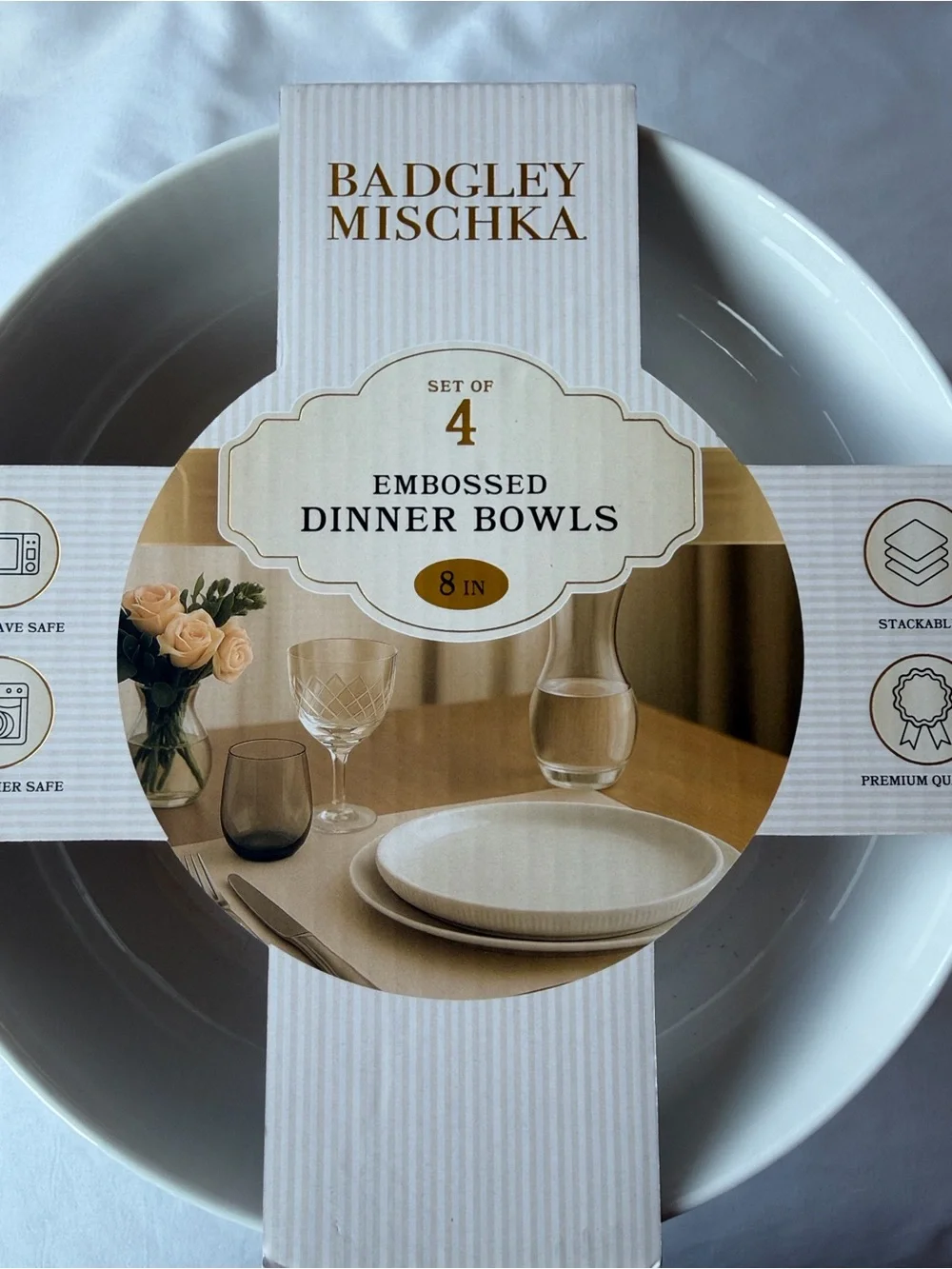 Badgley Mischka Cream Embossed Dinner Bowls - Set of 4